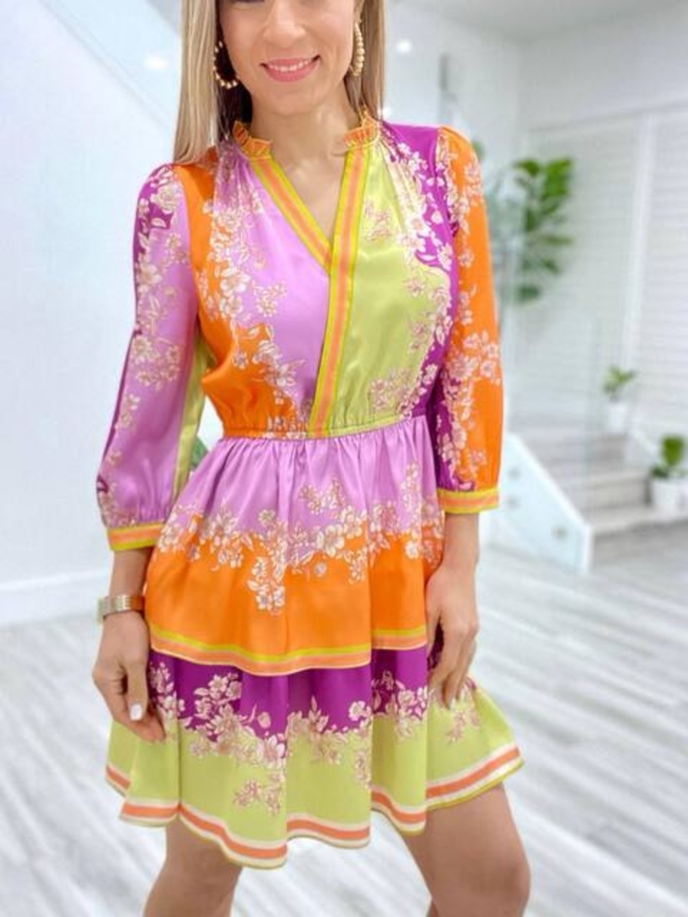 Current/Elliott Colorblock Floral Tiered Mini Dress in Purple, Orange & Green